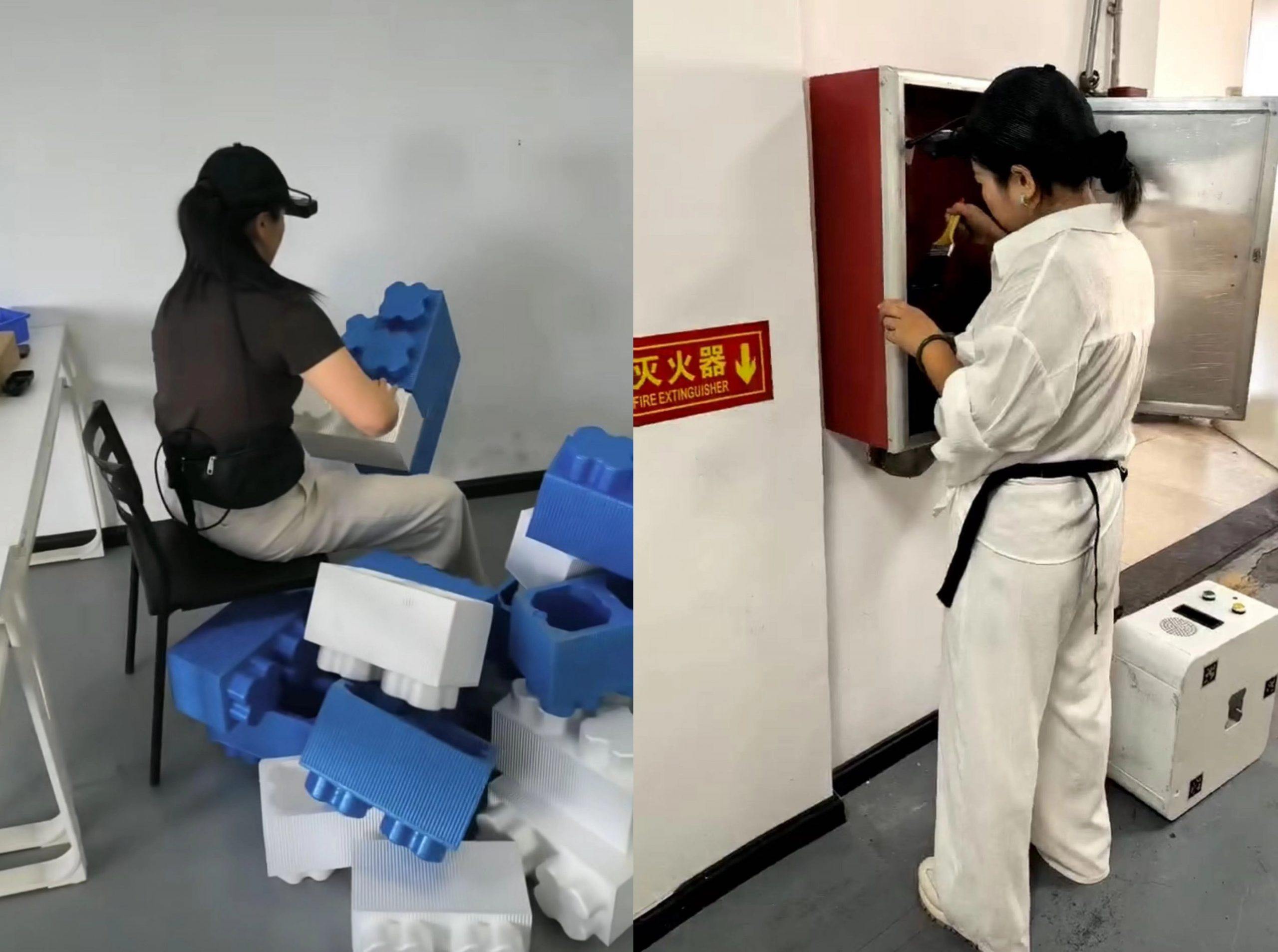 在广州铠传科技数据采集基地,数采员戴着采集设备做不同的家务活,包括整理物品(左)以及清洁消防栓箱内部。(受访者提供) 在广州铠传科技数据采集基地,数采员戴着采集设备做不同的家务活,包括整理物品(左)以及清洁消防栓箱内部。(受访者提供)